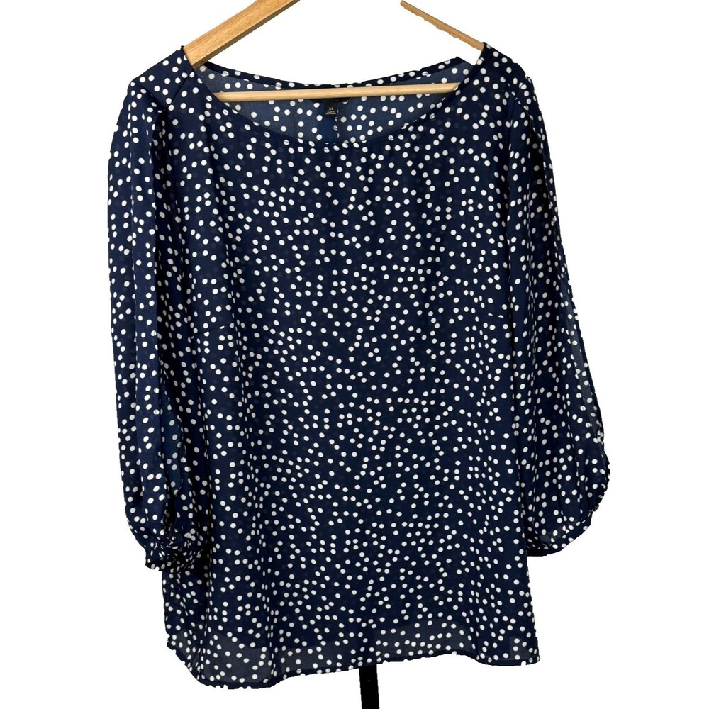 Banana Republic Career Blouse XL Navy Polka Dot Preppy Envelope Spit Sleeve Top